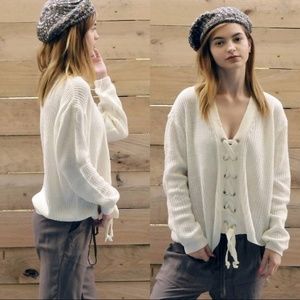 MARISOL Sweater Cuddly Soft Deep V-Neck Laced Front Ivory Knit Small/Medium NWT